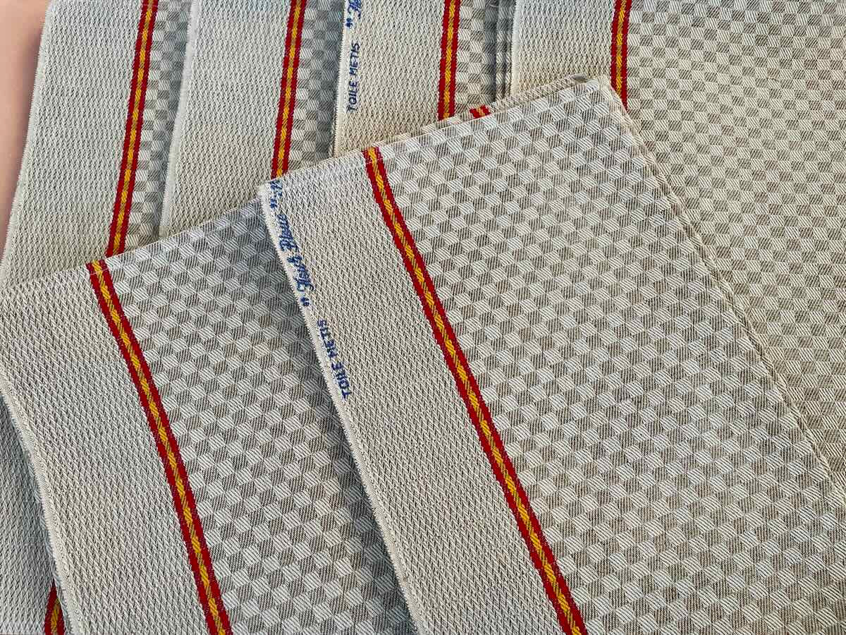 Set Of Six Tea Towels: Blue Flower, Patterns On Beige Cotton Linen - Antique Linen-photo-4