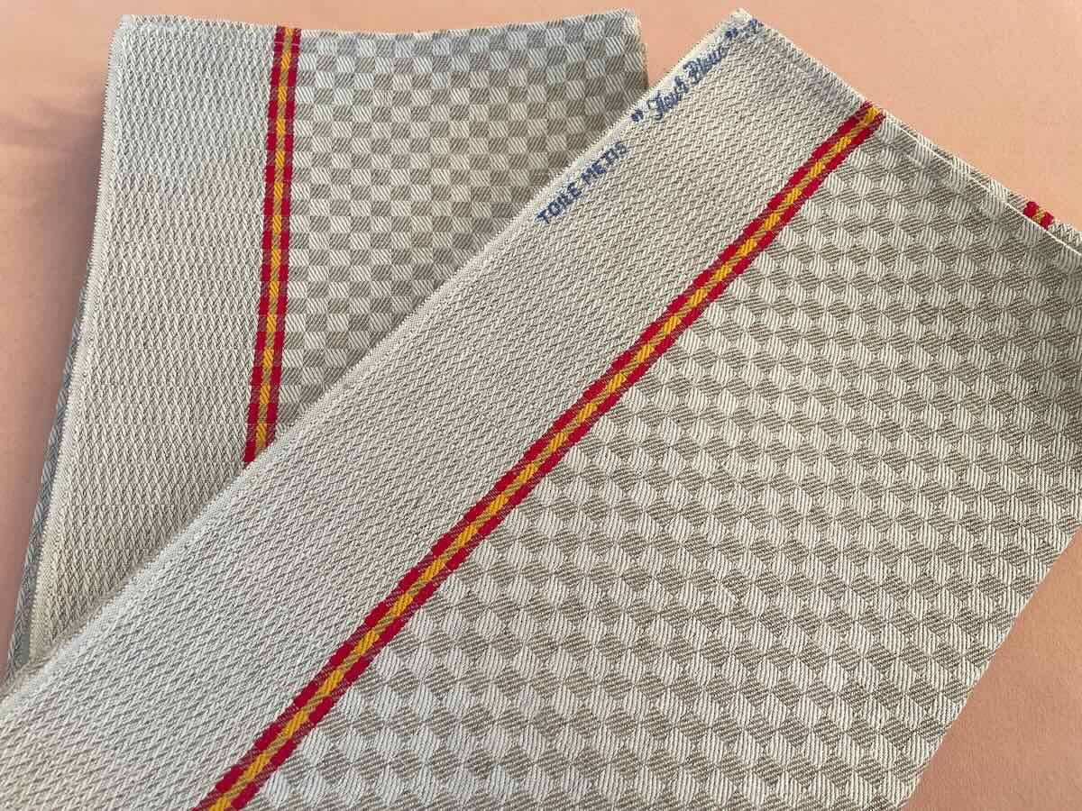 Set Of Six Tea Towels: Blue Flower, Patterns On Beige Cotton Linen - Antique Linen-photo-1