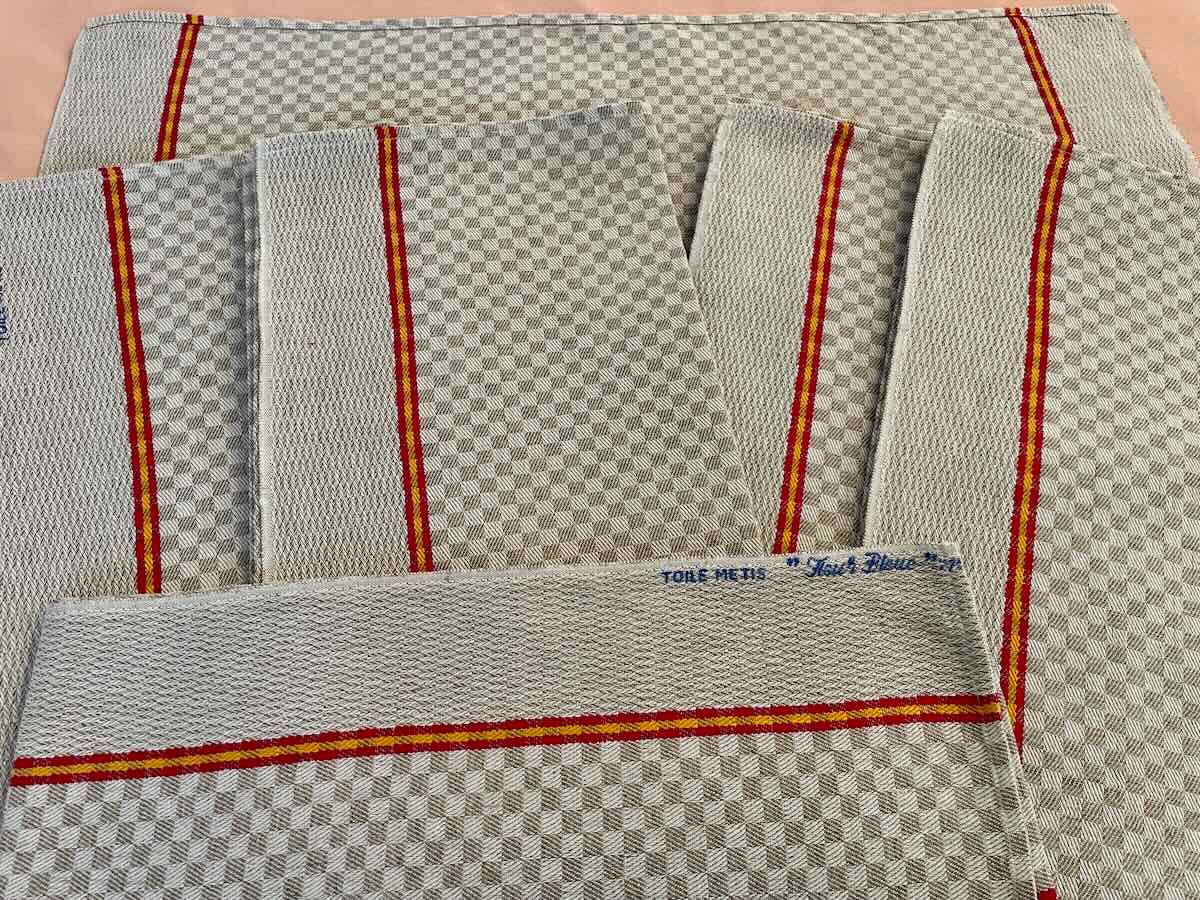 Set Of Six Tea Towels: Blue Flower, Patterns On Beige Cotton Linen - Antique Linen