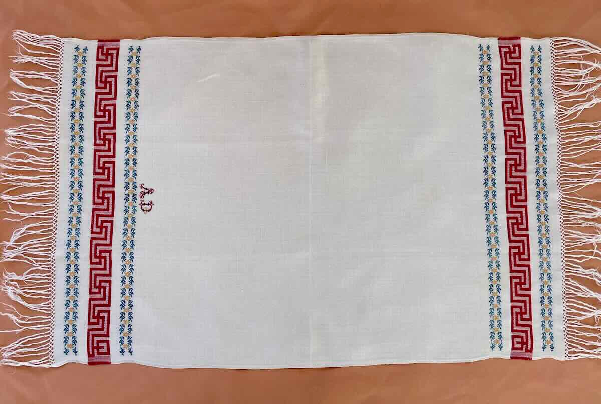 Ensemble quatre grandes serviettes d'invités lin fin liteau de couleur et franges- Linge Ancien-photo-2