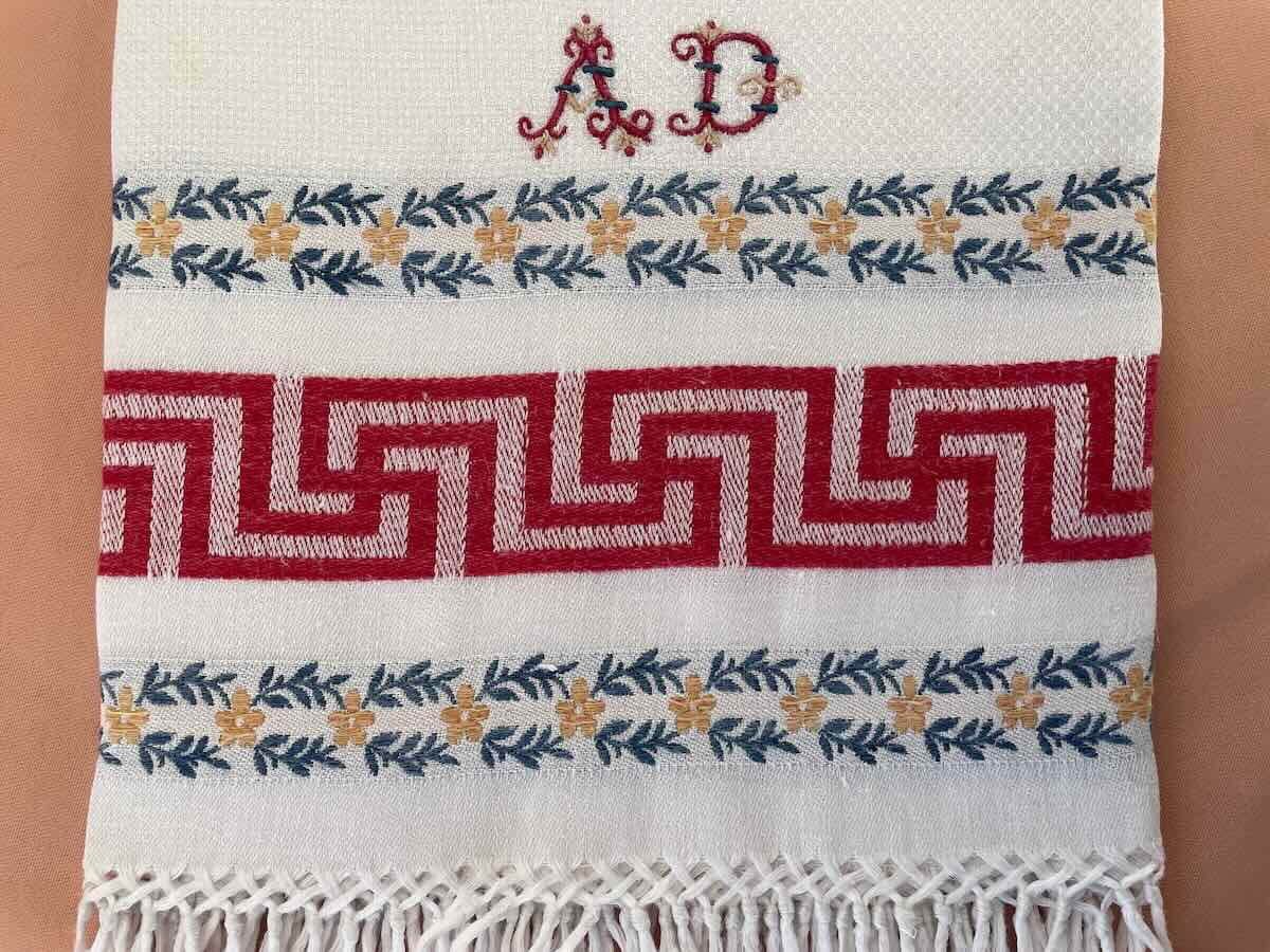 Ensemble quatre grandes serviettes d'invités lin fin liteau de couleur et franges- Linge Ancien-photo-3