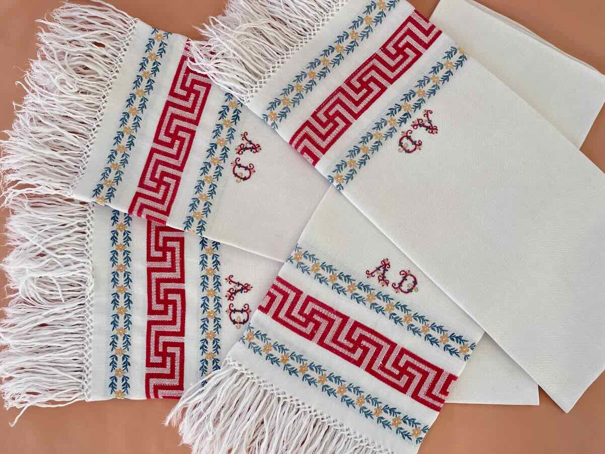 Ensemble quatre grandes serviettes d'invités lin fin liteau de couleur et franges- Linge Ancien-photo-4