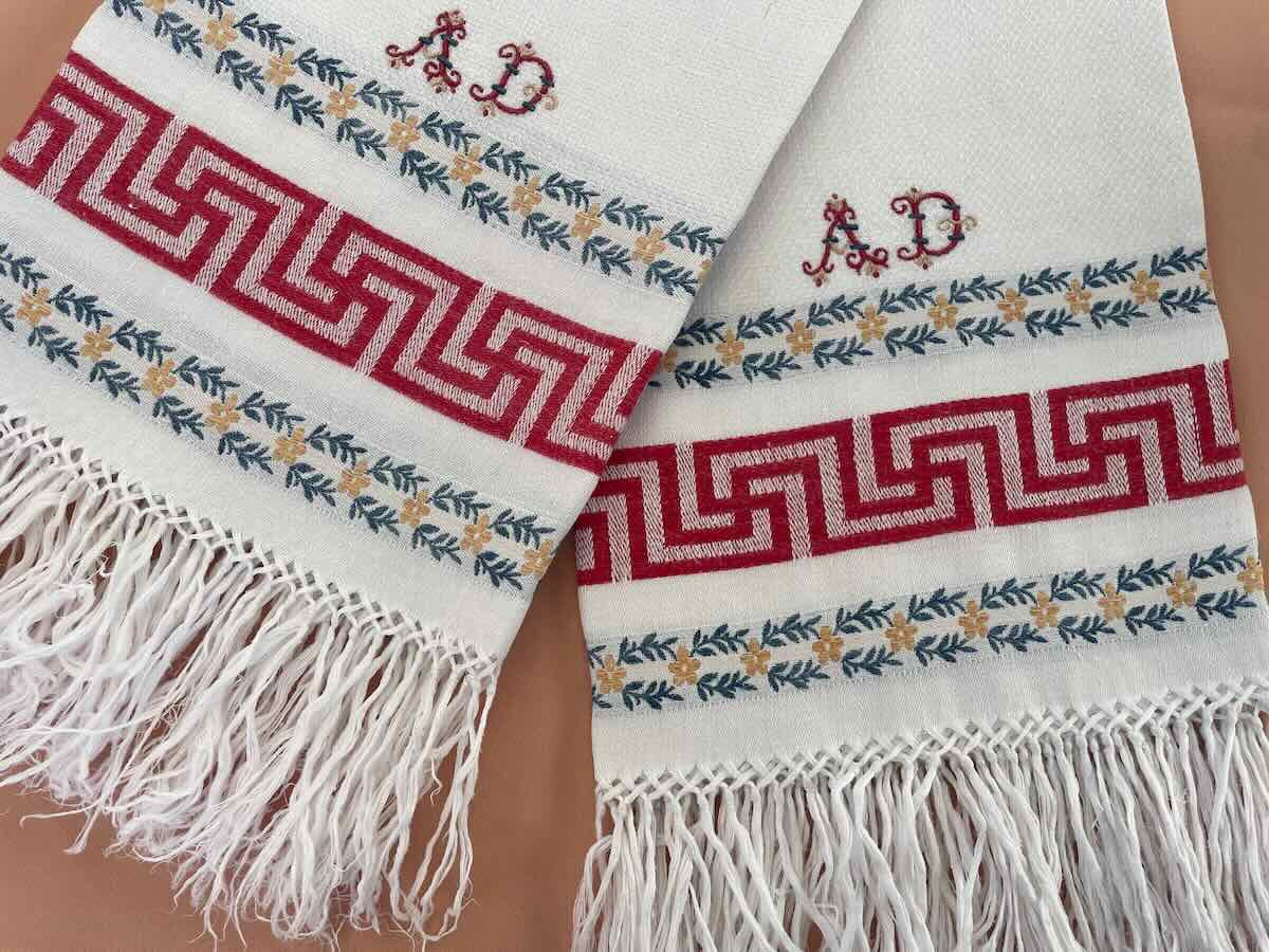 Ensemble quatre grandes serviettes d'invités lin fin liteau de couleur et franges- Linge Ancien-photo-1