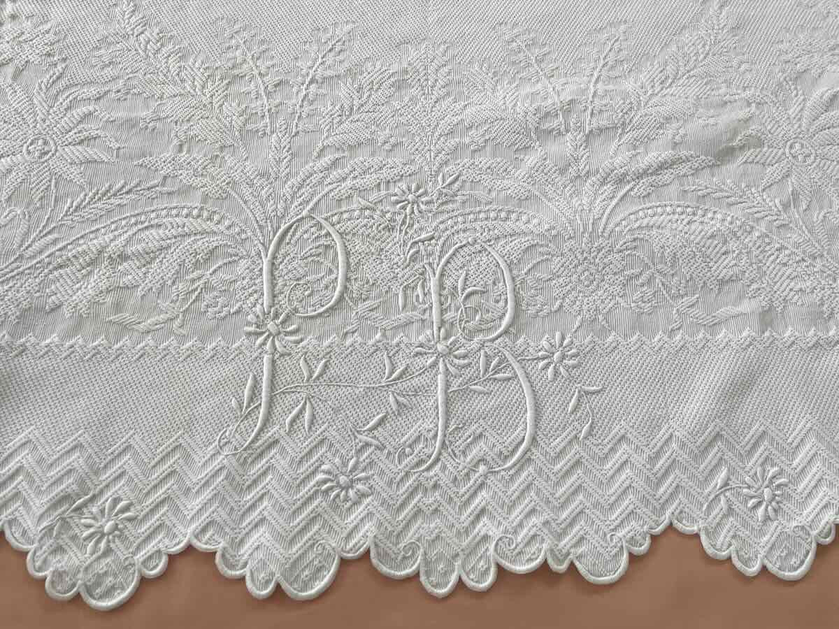 Four-sided Scalloped Woven Quilt, 2 Pb Monograms - Linge Ancien-photo-4