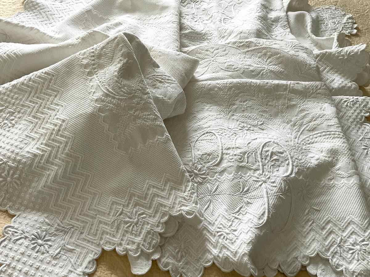 Four-sided Scalloped Woven Quilt, 2 Pb Monograms - Linge Ancien-photo-5