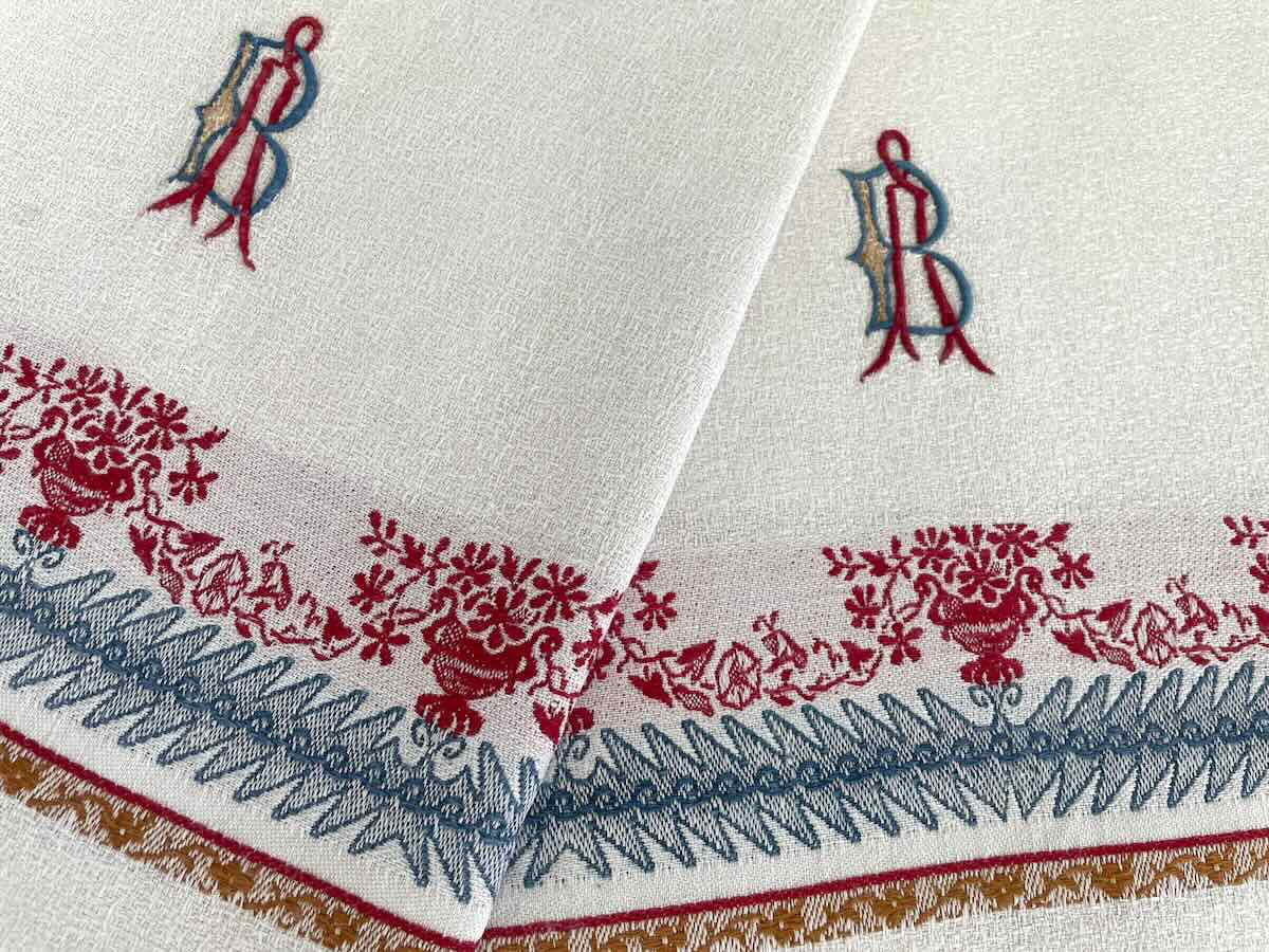 Lot quatre grandes serviettes d'invités  AB granité lin liteau couleur, franges - Linge Ancien-photo-3