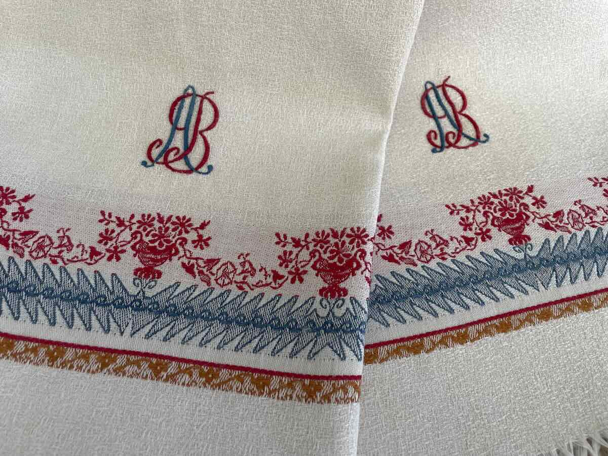 Lot quatre grandes serviettes d'invités  AB granité lin liteau couleur, franges - Linge Ancien-photo-4