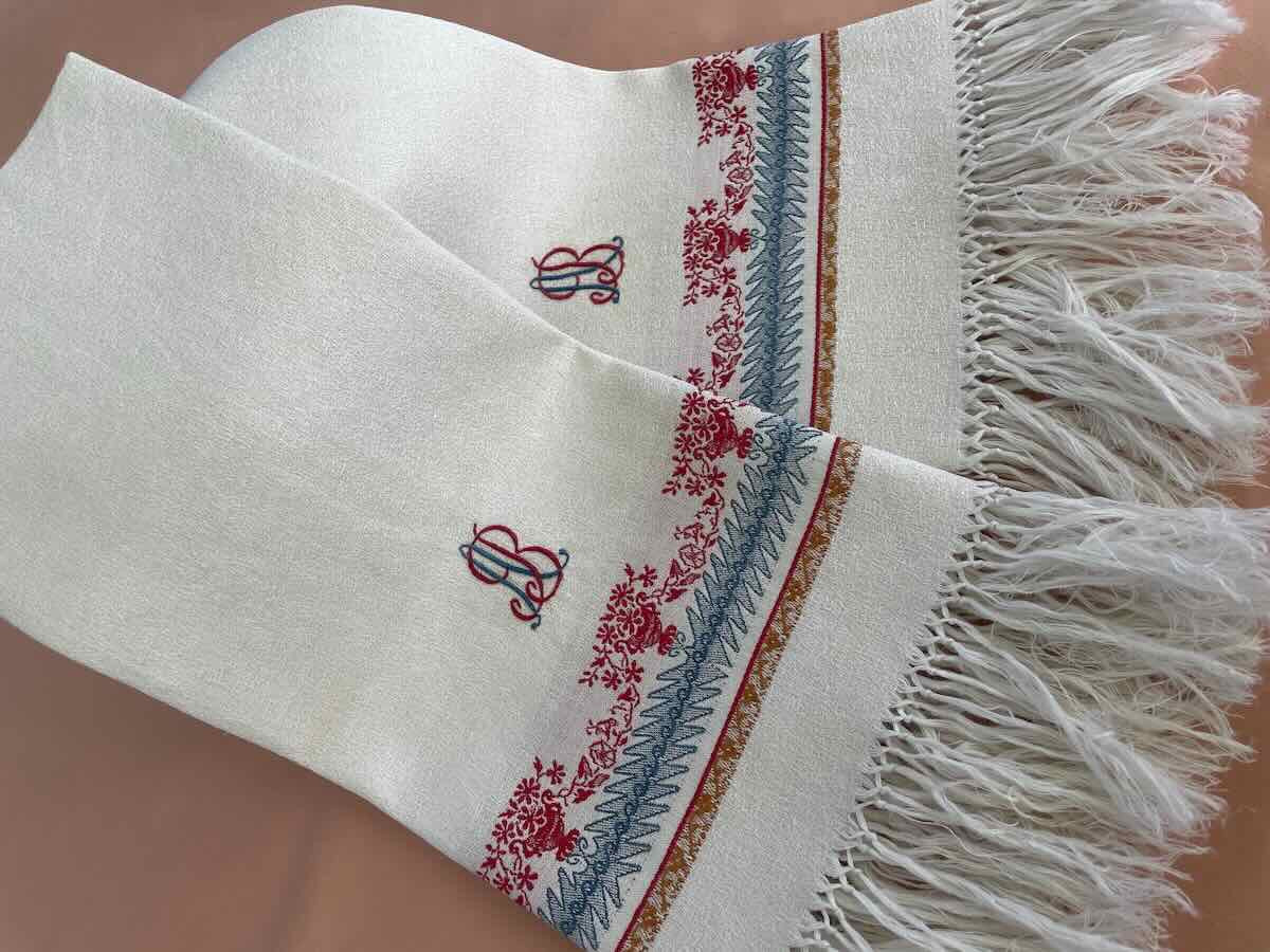 Lot quatre grandes serviettes d'invités  AB granité lin liteau couleur, franges - Linge Ancien-photo-2