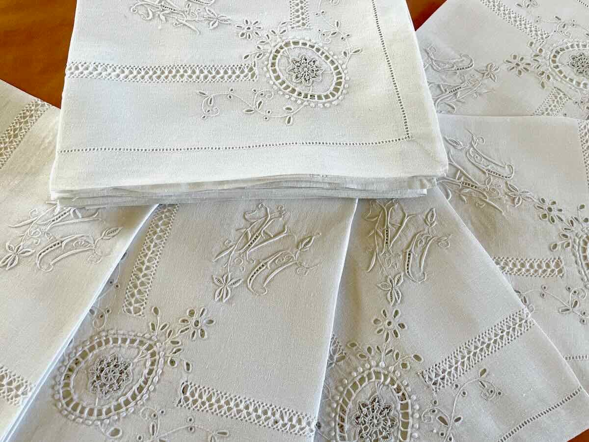 Ten Embroidery Towels With Needle Inlays, Day Work On Fine Linen- Antique Linen