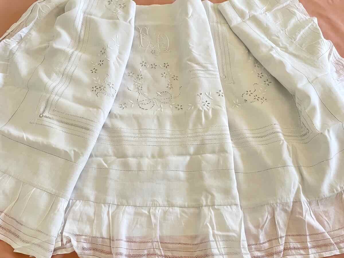 Bedding Set: Fitted Sheet, Pillowcases, Ruffles, Openwork Embroidery, Hand-embroidered On Fine Linen—antique Linen-photo-4