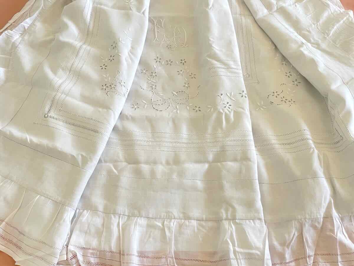 Bedding Set: Fitted Sheet, Pillowcases, Ruffles, Openwork Embroidery, Hand-embroidered On Fine Linen—antique Linen-photo-4