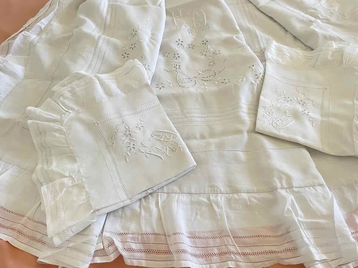 Bedding Set: Fitted Sheet, Pillowcases, Ruffles, Openwork Embroidery, Hand-embroidered On Fine Linen—antique Linen-photo-5