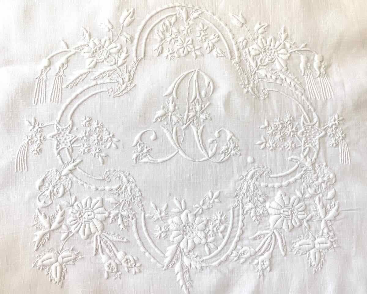 Richly Embroidered Bolster Pillowcase On Linen Fabric: Cm, Lace - Linge Ancien-photo-2