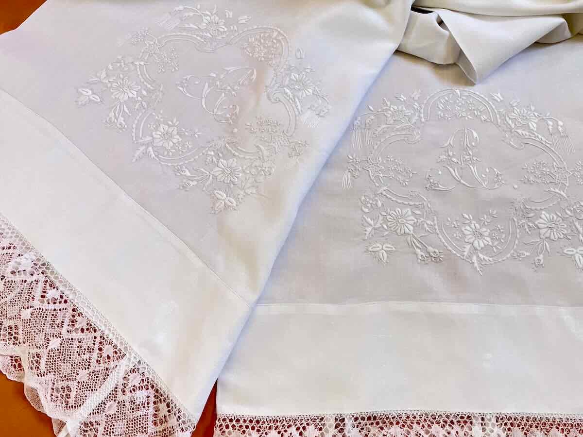 Richly Embroidered Bolster Pillowcase On Linen Fabric: Cm, Lace - Linge Ancien-photo-3
