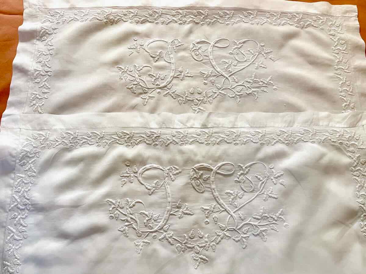Pair Of "jv" Linen Pillowcases With Elaborate Hand Embroidery, 19th Century - Antique Linen