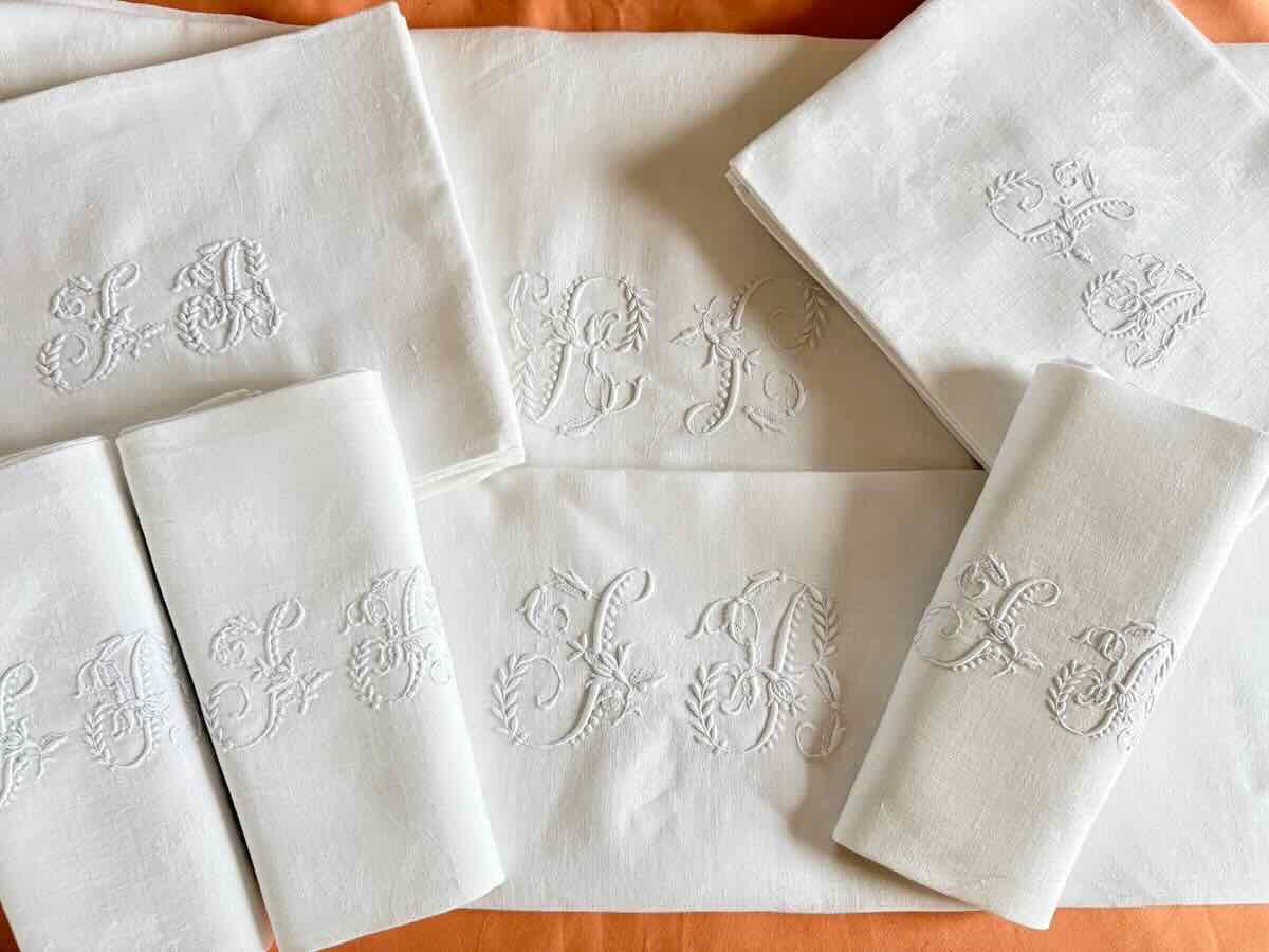Tableware Set For 12 Place Settings, Fine Linen Damask With The Monogram "jb," Hand-embroidered—antique Linen-photo-1