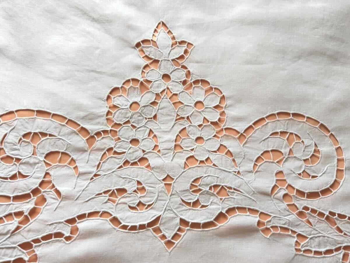 Large Sheet With Hand-embroidered Richelieu Design, White Linen Fabric—antique Linen-photo-2