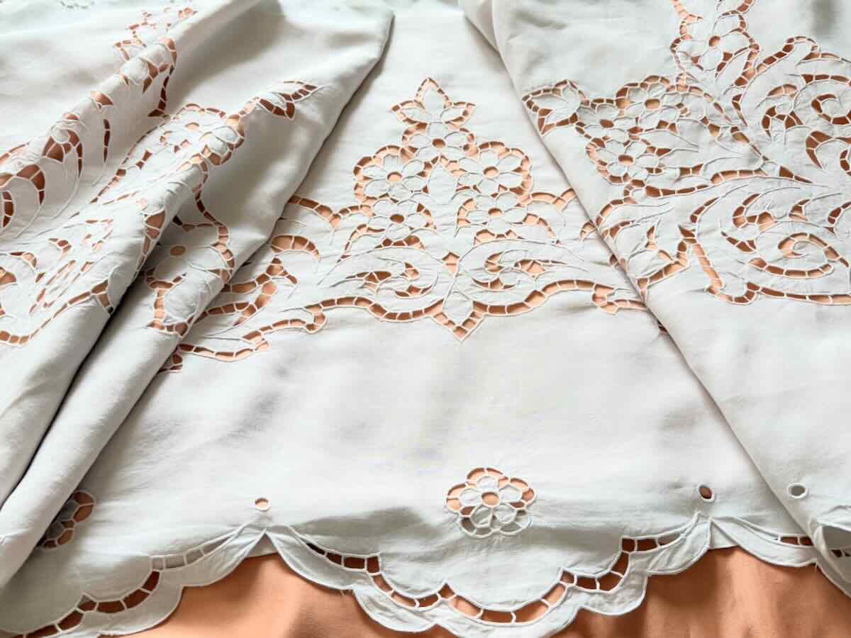 Large Sheet With Hand-embroidered Richelieu Design, White Linen Fabric—antique Linen-photo-3