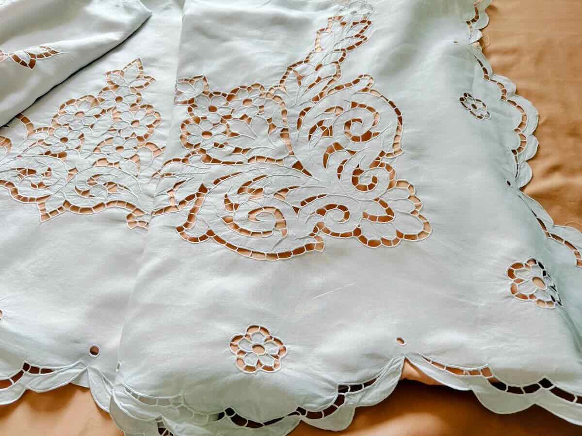 Large Sheet With Hand-embroidered Richelieu Design, White Linen Fabric—antique Linen-photo-1