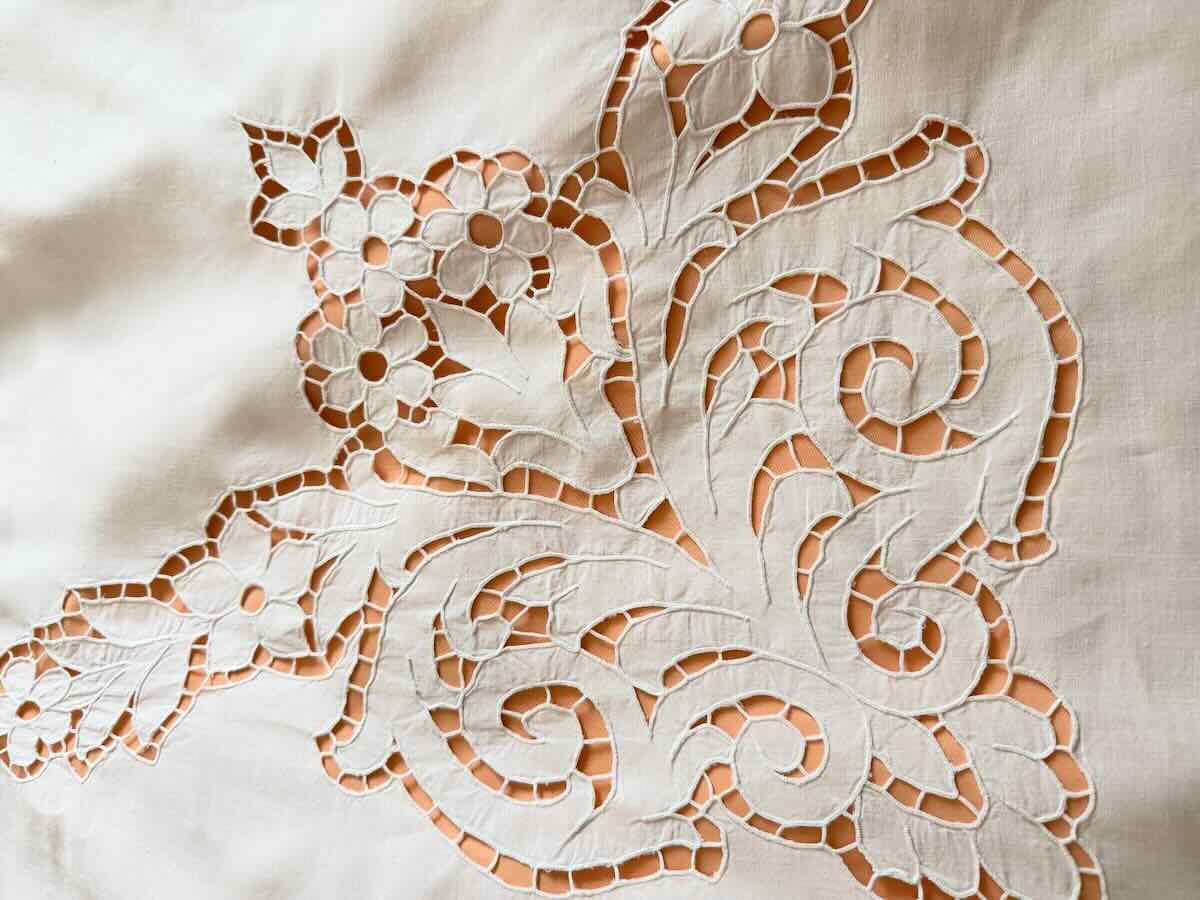 Large Sheet With Hand-embroidered Richelieu Design, White Linen Fabric—antique Linen-photo-2