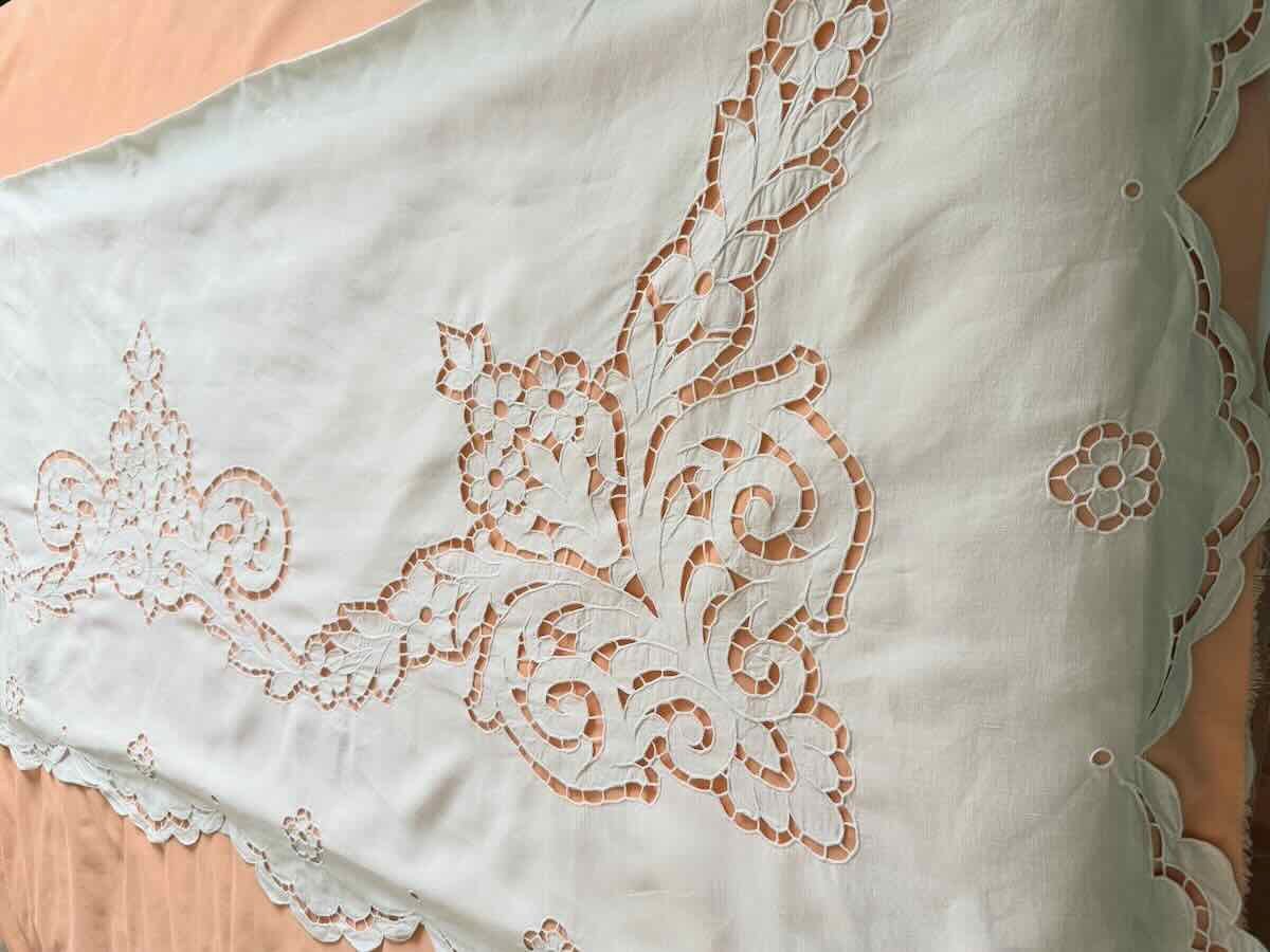 Large Sheet With Hand-embroidered Richelieu Design, White Linen Fabric—antique Linen-photo-4