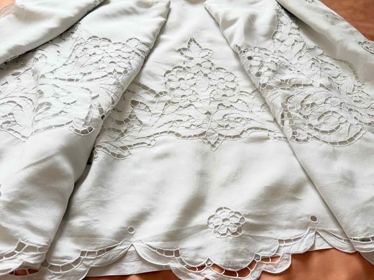 Large Sheet With Hand-embroidered Richelieu Design, White Linen Fabric—antique Linen