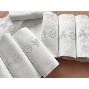 Lot 11 Serviettes Fil Lin Damassé Avec Scène Champêtre: Châteaux, Cygnes, Mono A0 Linge Ancien