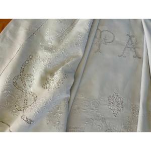 Ceremonial Sheet With Hand Embroidery Work, Monogram "pa" Linen Thread Canvas Old Linen