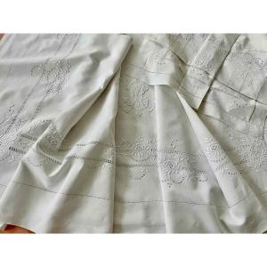 Set: 1 Large Sheet With Embroidered Returns, 1 Pillowcase With Ml Monogram On Fine White Linen New