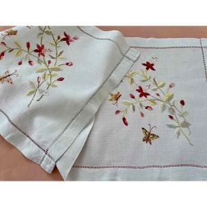 Large Rectangle Placemat With Flowers, Butterflies Embroidered With Colored Threads - Old Linen