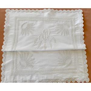 Rare Sumptuous Cotton Piqué Pillowcase With Embroidery And Laces