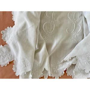 Pure Linen Scalloped Sheet With Returns, Branches, Hand Embroidered Jl Monogram - Old Linen