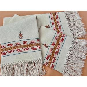 Lot 3 Guest Napkins In Linen Granite With Colored Frieze And Knotted Fringes - Old Linen