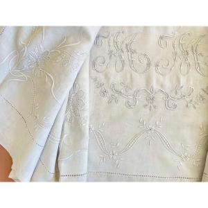 Fine Linen Sheet With Sumptuous Embroidery, Mm Monogram, New Condition