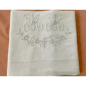 Large Fine Linen, Hand Embroidery With Impressive Mm Monogram