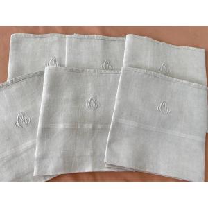 Set Of 6 Tea Towels With Monogram Cm On Pure Linen Canvas New Condition