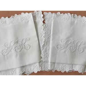 Pair Scalloped Pillowcases With Bow Embroidery, Sh Monogram On Fine Linen Canvas