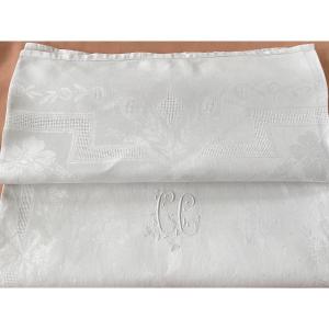 Fine Linen Damask Tablecloth With Woven Patterns, 2 Hand Embroidered Cc Monograms