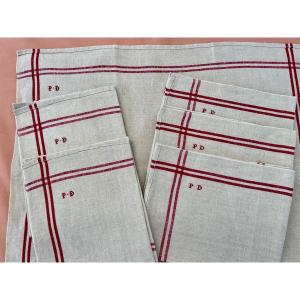 Set Of 6 Large Tea Towels With Red Batten On Pure Linen Canvas In Bis Color
