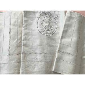 Hand Embroidered Sheet With Returns, Monogram Ac On New Fine Linen Canvas - Antique Linen