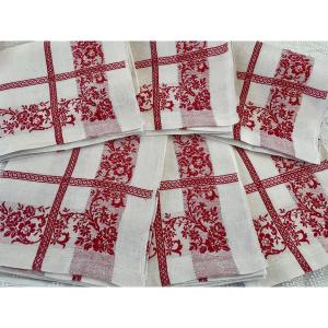 Lot 6 de grandes serviettes Napoléon III sur toile lin avec liteaux rouge - Linge Ancien