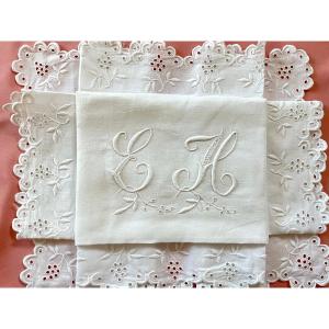 Beautiful Scalloped Pillowcase With English Embroidery And Large Eh Monogram On Fine Linen - Antique Linen