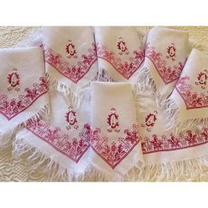 Set Of 16 Small Fringed Linen Granite Napkins With Frame, Napoleon III