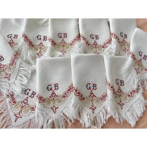 Set Of 12 Small Fringed Napkins, Linen Granite, Colored Embroidery Point De Beauvais, Napoleon I