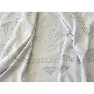 Formal Bedsheet, Gl Monogram Entirely Hand-embroidered On Fine White Linen - Antique Linen