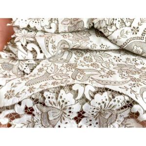 Large Rectangular Tablecloth, Richelieu Floral Embroidery, Linen Canvas, Beige Thread Embroidery - Antique Linen