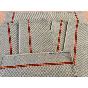 Lot six torchons cuisine : fleur bleue, motifs, toile lin coton de couleur bis - Linge ancien