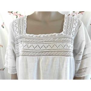 Chemise de nuit avec de fines dentelles sur mousseline de coton - Linge Ancien