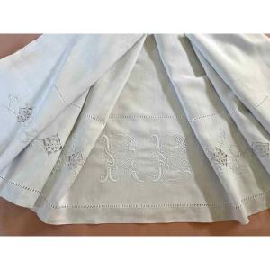 Rb Monogrammed Sheet, Hand-embroidered On Linen, With Openwork Floral Garlands - Antique Linen