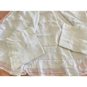 Bedding Set: Fitted Sheet, Pillowcases, Ruffles, Openwork Embroidery, Hand-embroidered On Fine Linen—antique Linen
